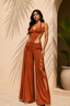 Rust Lycra Cut-Out Ring Detail & Wide-Leg Pant Co-Ord Set