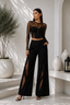 Black Lycra Corset Co-Ord Set with Sheer Mesh Top & Cut-Out Wide-Leg Pant