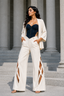 Ivory & Midnight Blue Lycra Three-Piece Co-Ord Set with Corset Top, Cape Jacket