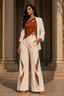 Women’s Rust Asymmetric Draped Top with Ivory Blazer & Cut-Out Wide-Leg Trousers