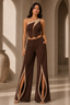 Women’s Chocolate Brown One-Shoulder Corset Top with Beige Trim & Wide-Leg Cut-Out Trousers Co-Ord Set