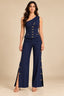 Navy Blue One-Shoulder Corset Top & Wide-Leg Trousers Co-Ord Set with Gold Button Details