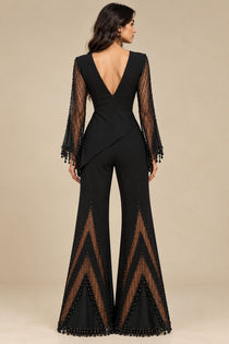 Black Embellished Flared Jumpsuit with Sheer Beaded Sleeves & Waist Cut-Outs