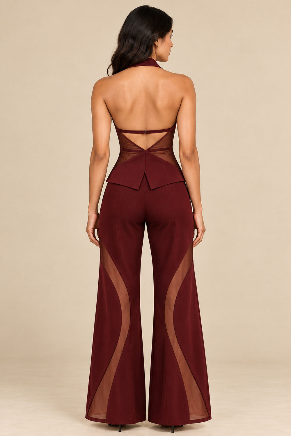 Burgundy Halter Blazer Top & Sheer Panel Flared Trousers Co-Ord Set