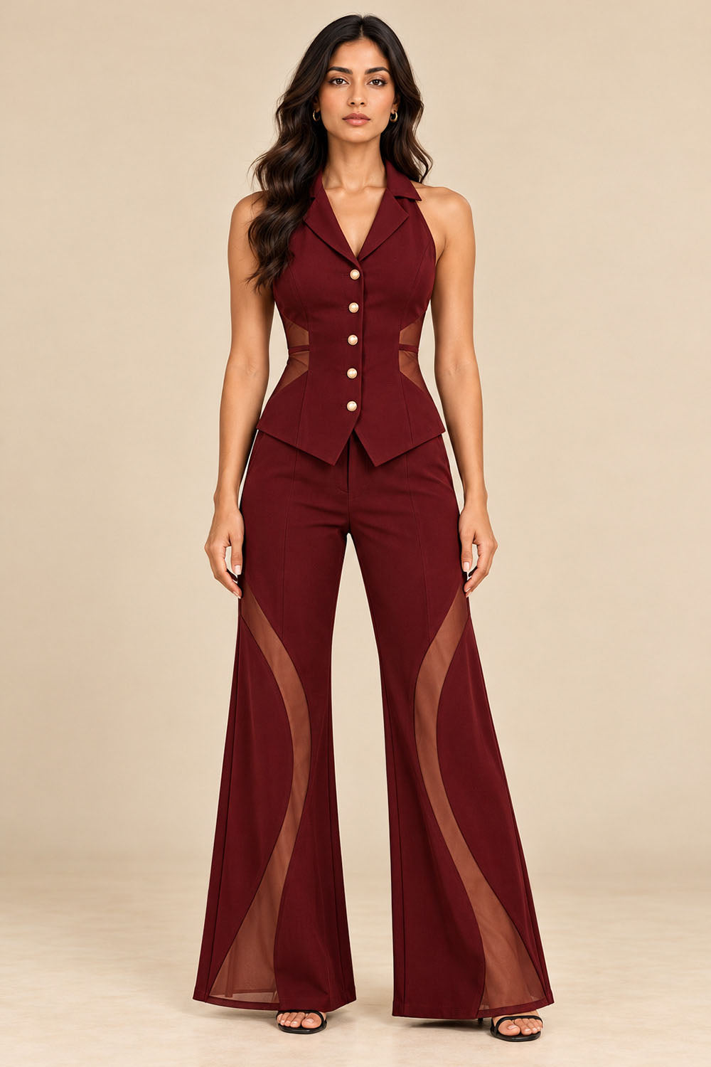 Burgundy Halter Blazer Top & Sheer Panel Flared Trousers Co-Ord Set