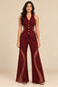 Burgundy Halter Blazer Top & Sheer Panel Flared Trousers Co-Ord Set