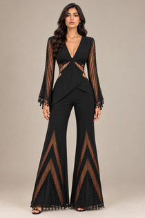 Black Embellished Flared Jumpsuit with Sheer Beaded Sleeves & Waist Cut-Outs