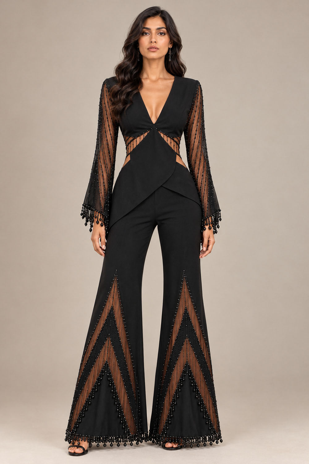 Black Embellished Flared Jumpsuit with Sheer Beaded Sleeves & Waist Cut-Outs