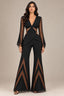 Black Embellished Flared Jumpsuit with Sheer Beaded Sleeves & Waist Cut-Outs