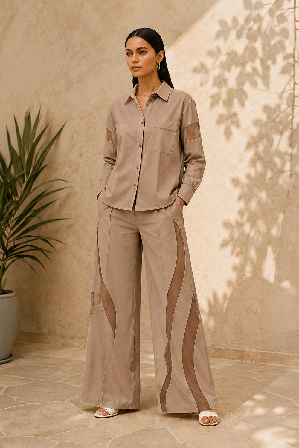 Mocha Cotton Blend Shirt & Sheer Panel Wide-Leg Co-Ord Set Main image