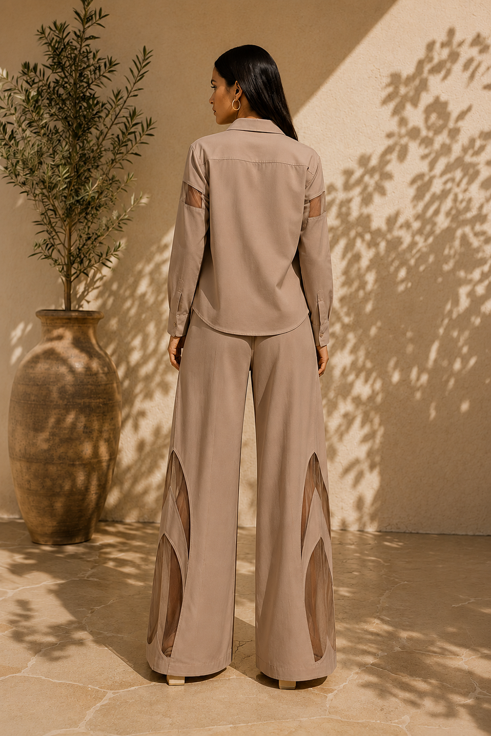Mocha Cotton Blend Shirt & Sheer Panel Wide-Leg Co-Ord Set Secondary image
