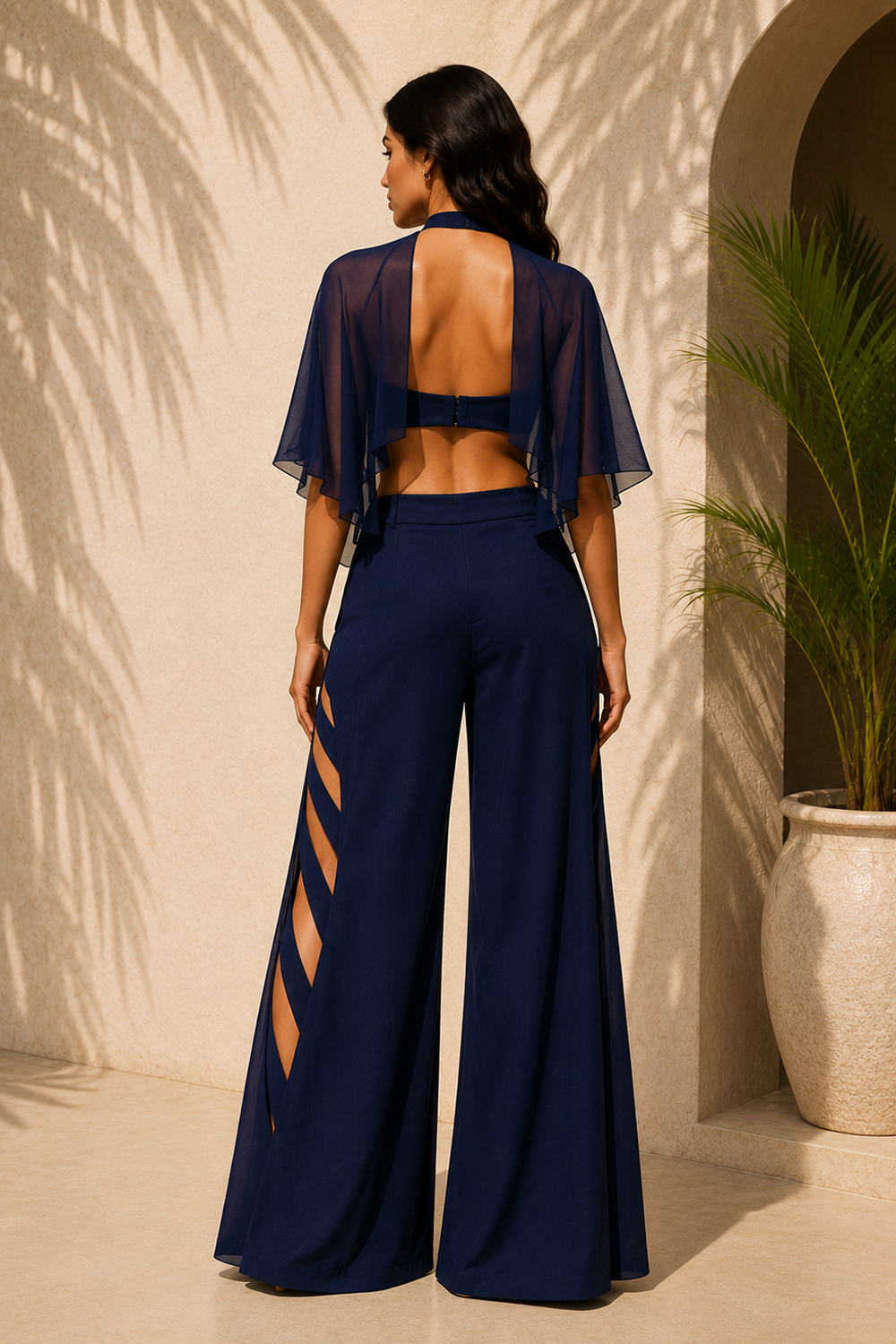 Navy Blue Premium Lycra Cut-Out Co-Ord Set with Sheer Cape & Slit Pant Secondary image