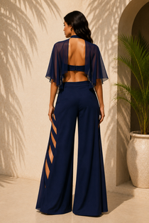 Navy Blue Premium Lycra Cut-Out Co-Ord Set with Sheer Cape & Slit Pant