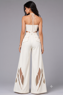 Ivory Zip-Up Halter Top & Wide-Leg Cutwork Pant  Co-Ord Set