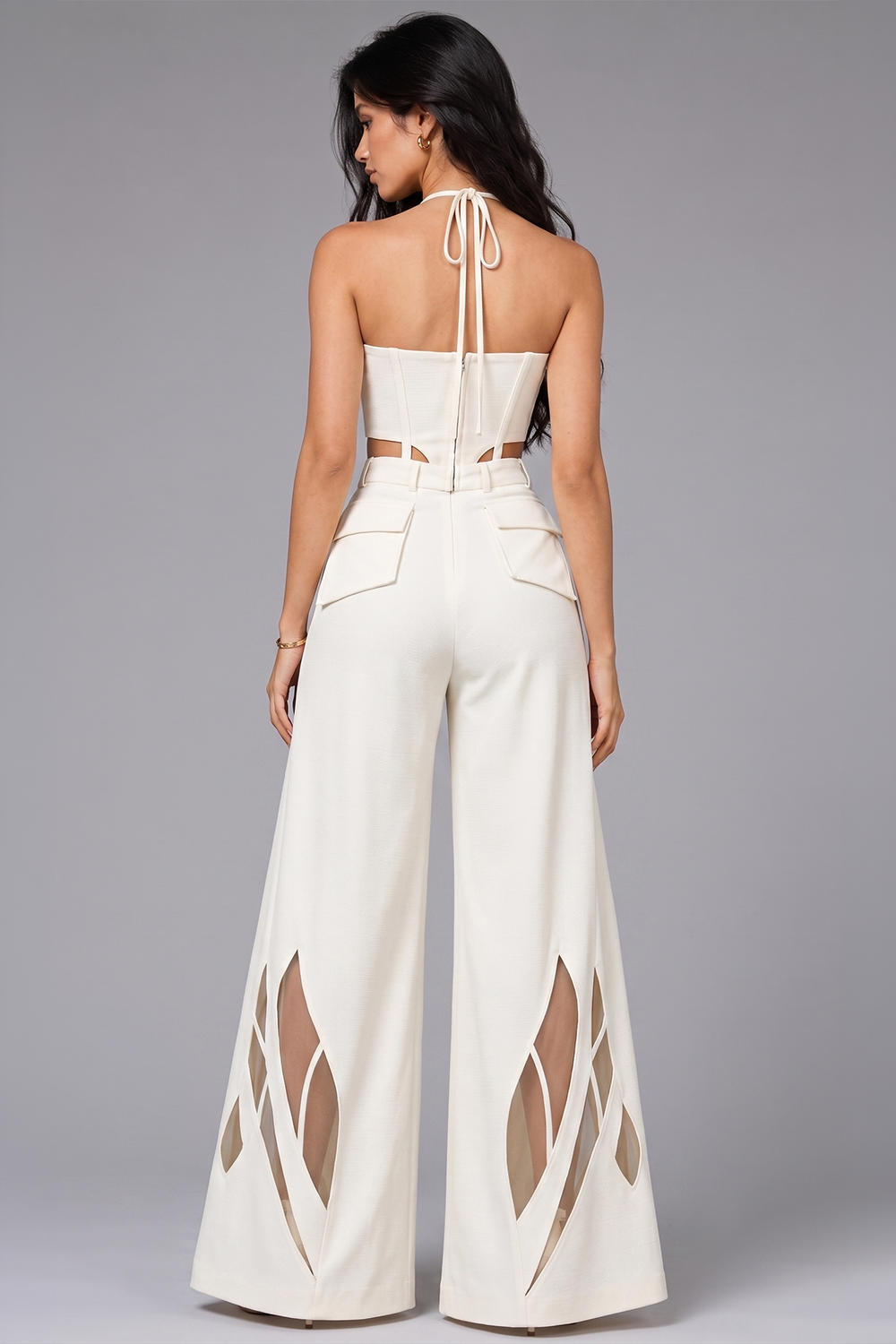 Ivory Zip-Up Halter Top & Wide-Leg Cutwork Pant Co-Ord Set Secondary image