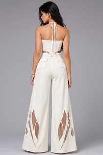 Ivory Zip-Up Halter Top & Wide-Leg Cutwork Pant Co-Ord Set