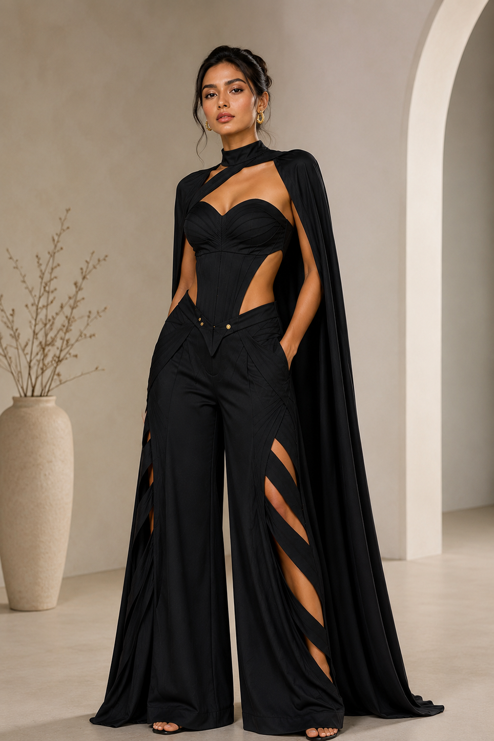 Black Premium Lycra Co-Ord Set with Cut-Out Corset Main image