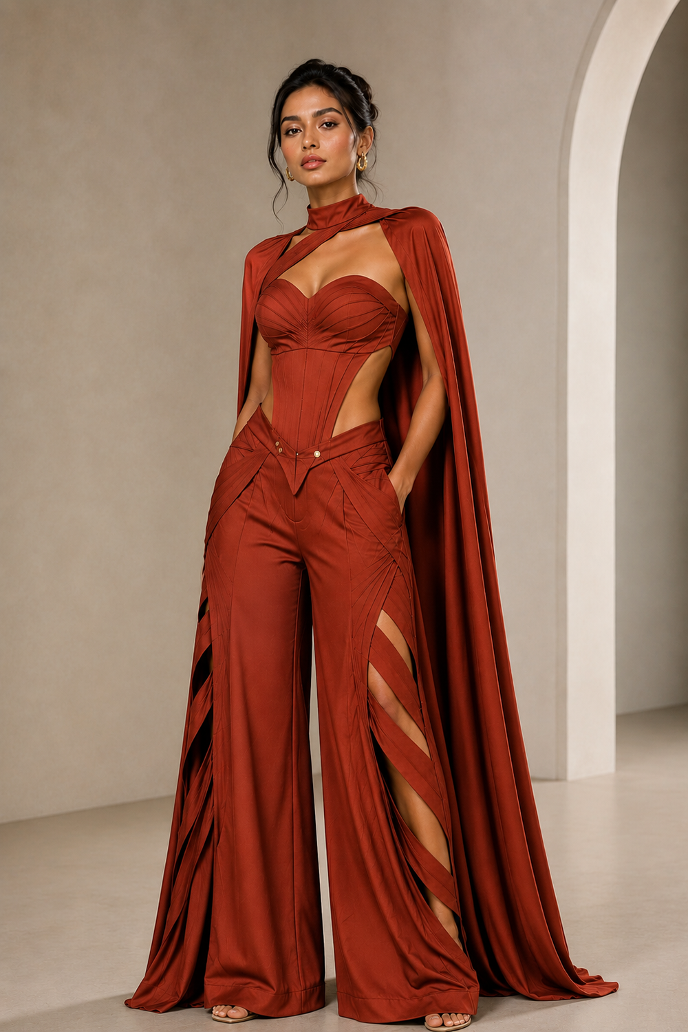 Rust Lycra Co-Ord Set with Sculpted Corset, Statement Cape Main image