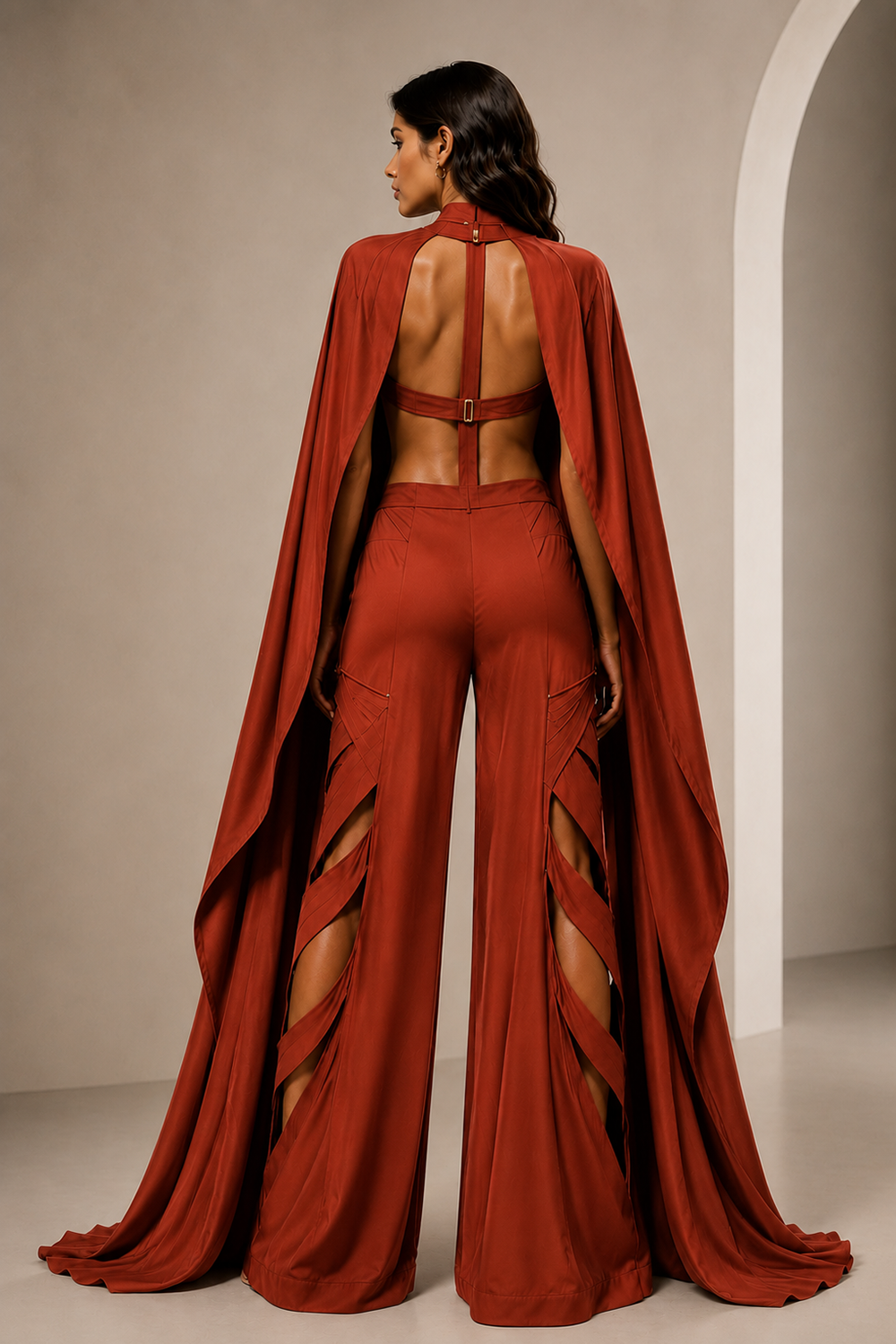 Rust Lycra Co-Ord Set with Sculpted Corset, Statement Cape Secondary image