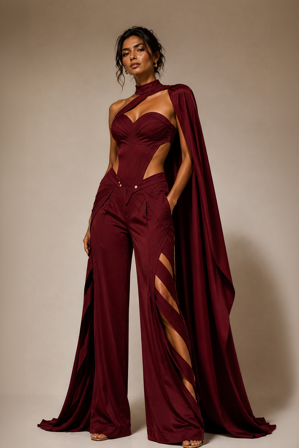 Wine Lycra Co-Ord Set with Statement Cape & Cutwork Wide-Leg Pant Main image