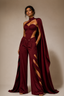 Maroon Lycra Co-Ord Set with Statement Cape & Cutwork Wide-Leg Pant