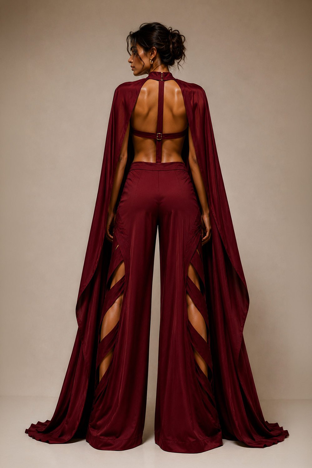Wine Lycra Co-Ord Set with Statement Cape & Cutwork Wide-Leg Pant Secondary image