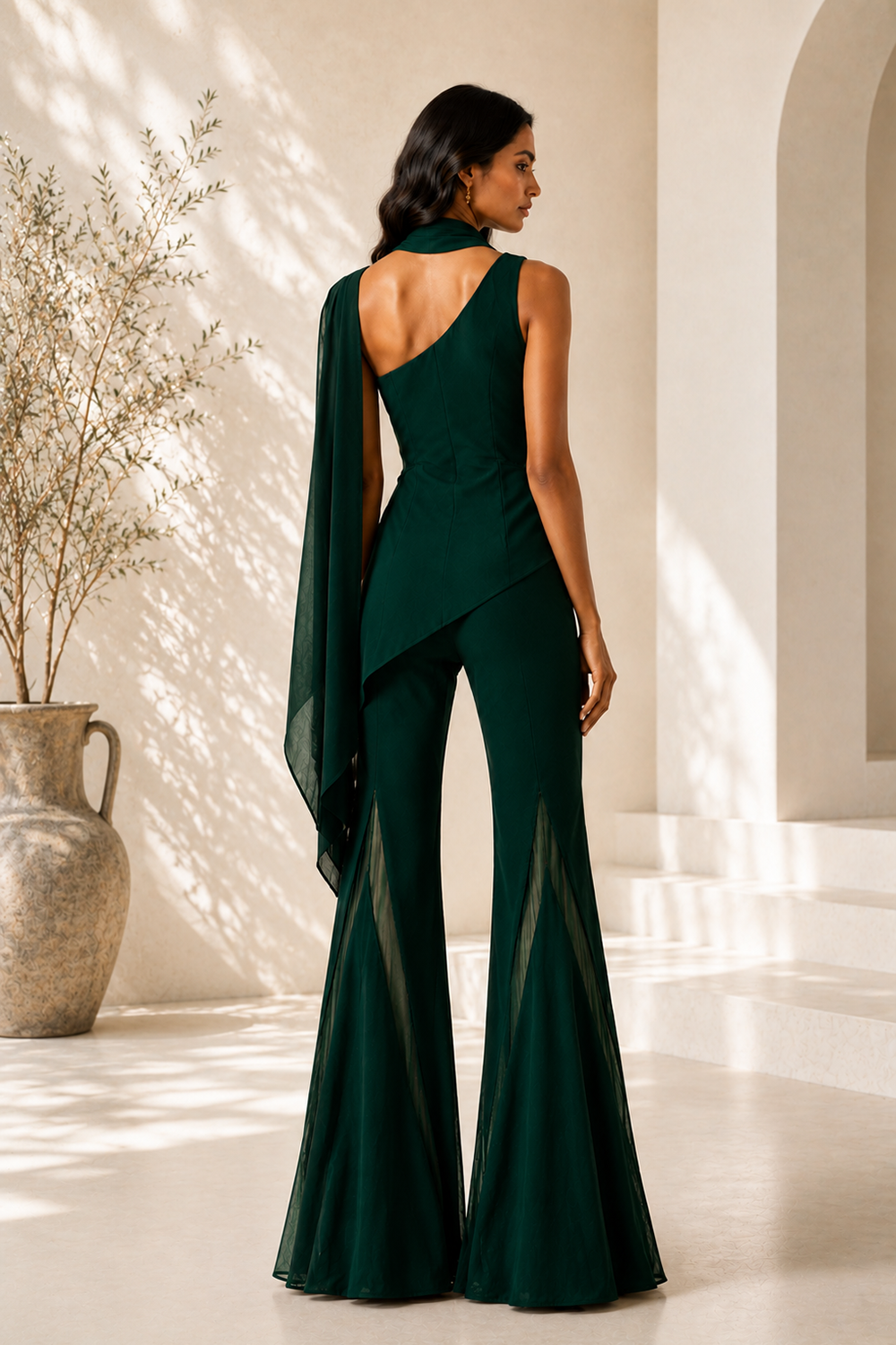 Emerald Green Premium Lycra One-Shoulder Designer Co-Ord Set Secondary image