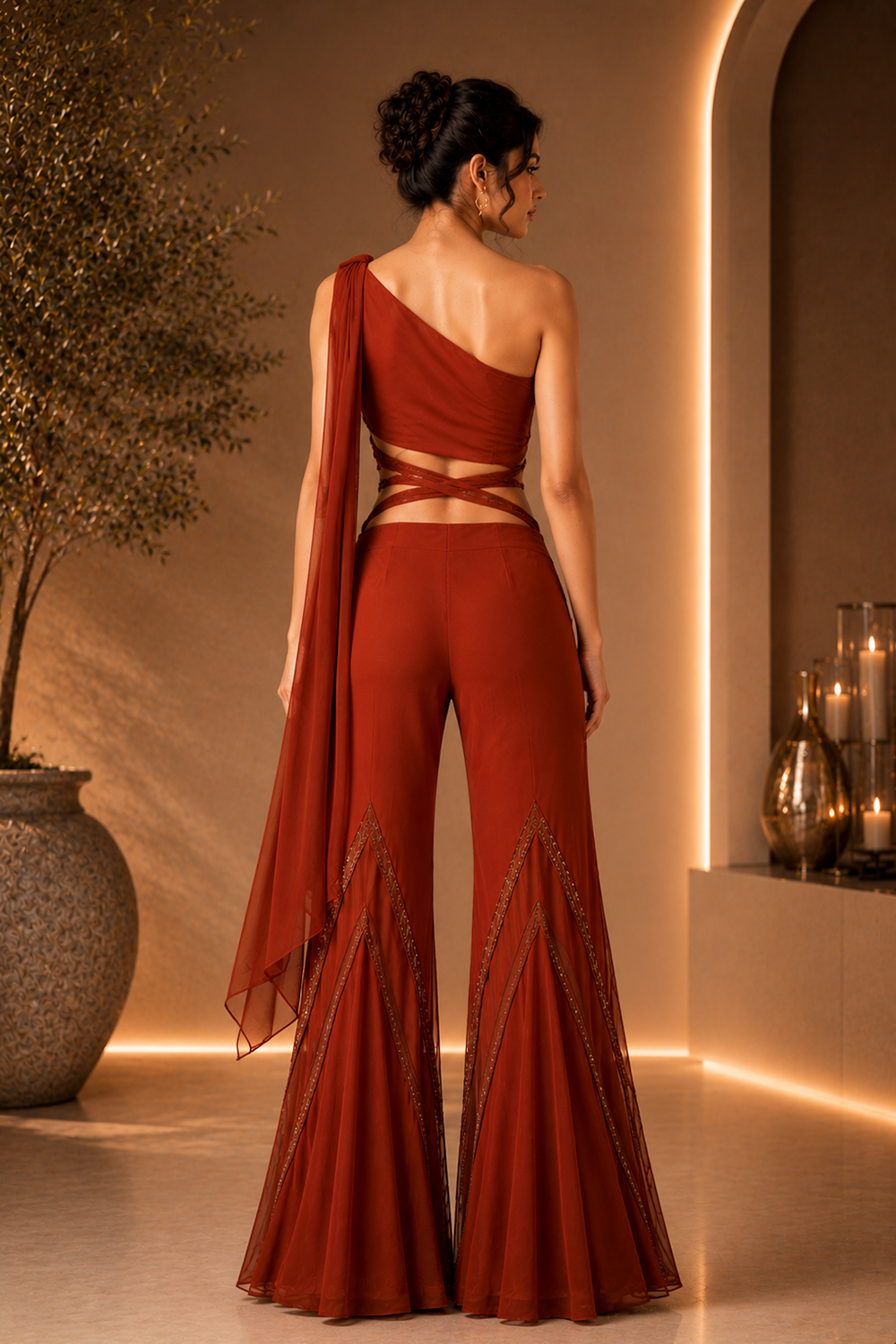 Red One-Shoulder Drape Detail & Sheer Panel Flared Pant Co-Ord Set Secondary image