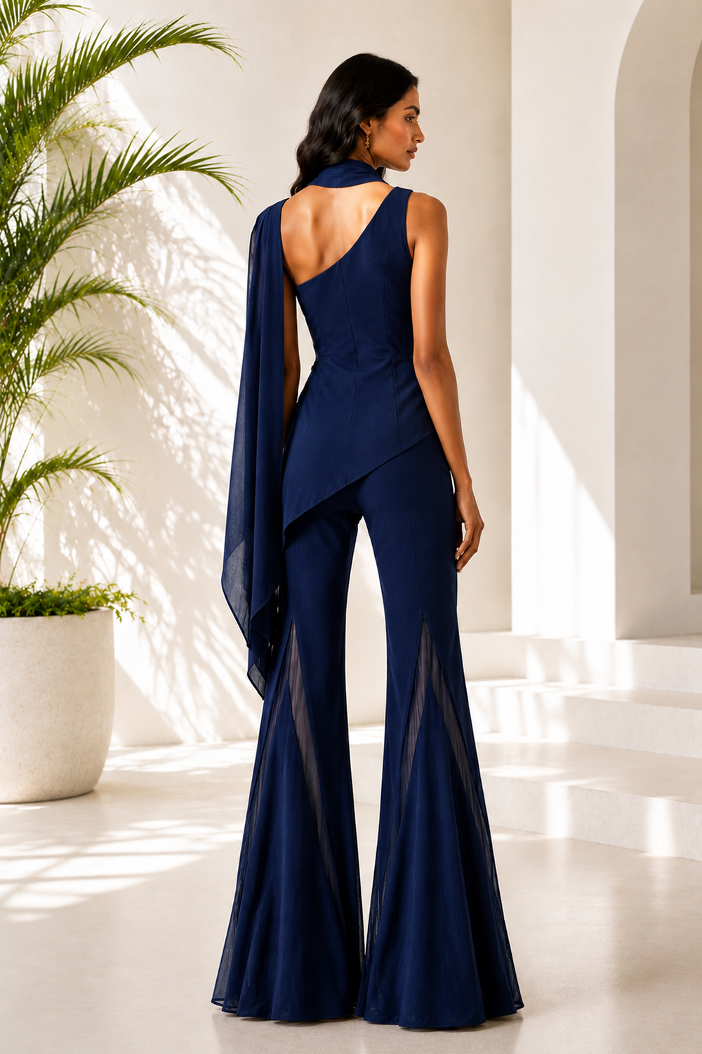 Navy Blue Lycra One-Shoulder Co-Ord Set Secondary image