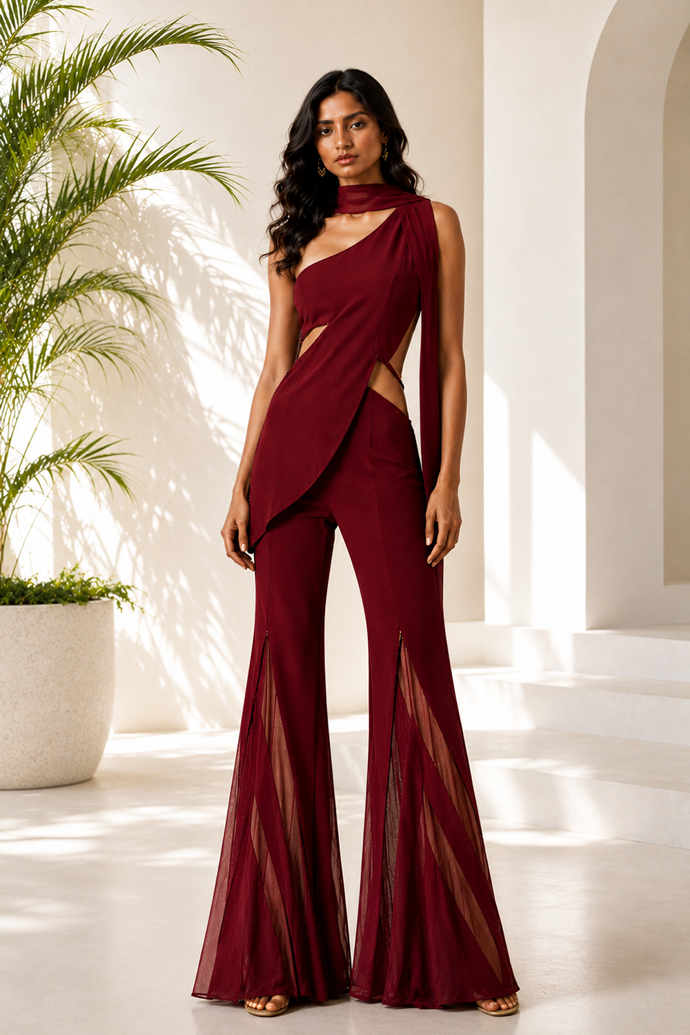 Wine One-Shoulder Co-Ord Set with Sheer Flared Pants Main image
