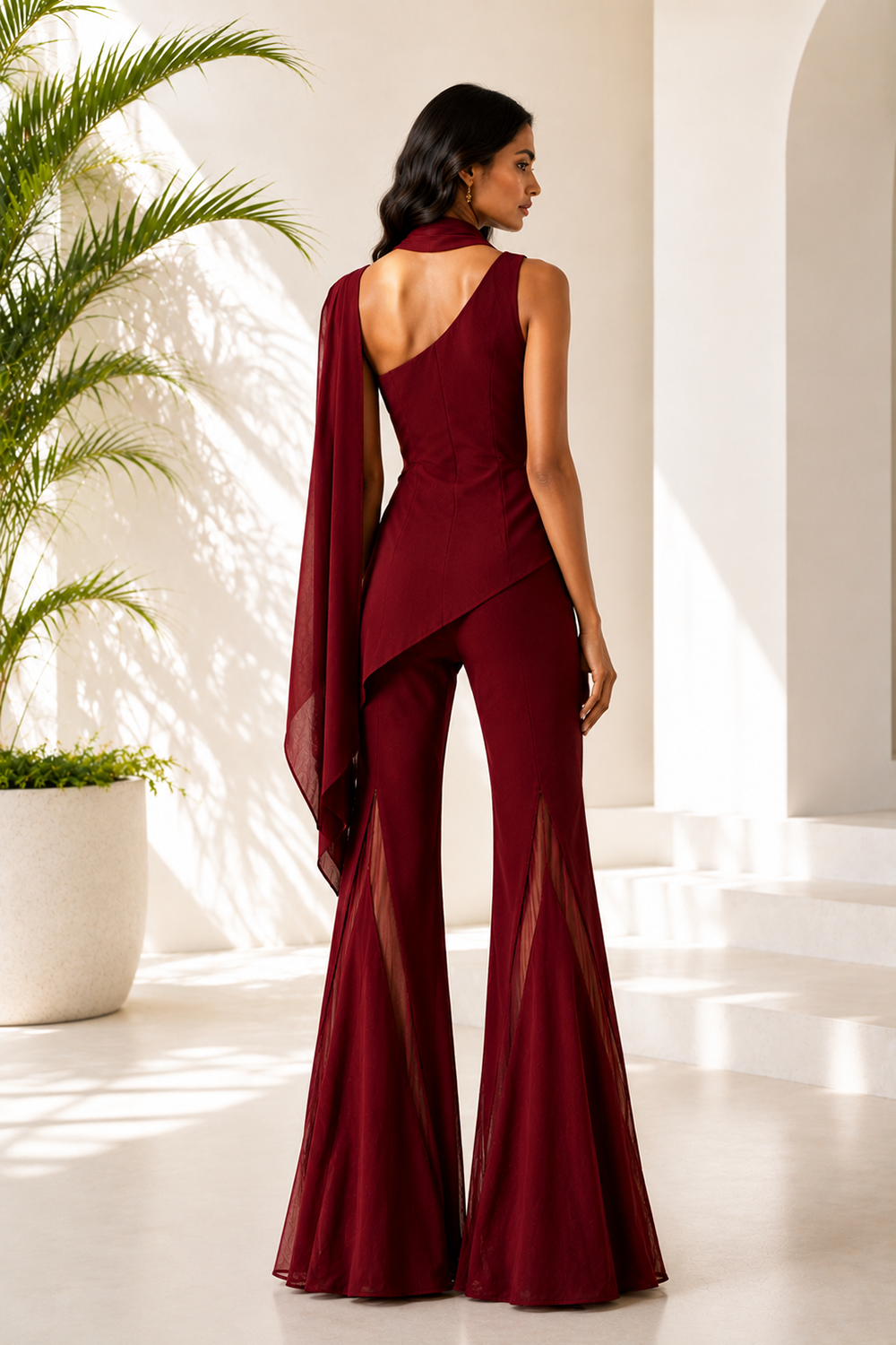 Wine One-Shoulder Co-Ord Set with Sheer Flared Pants Secondary image