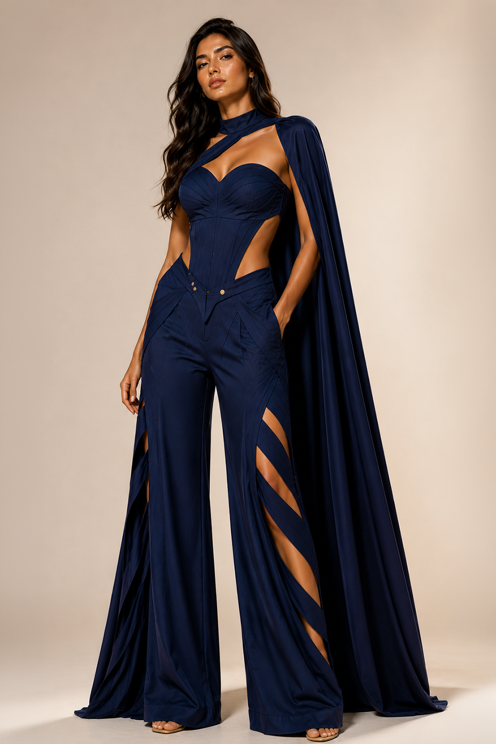 Navy Blue Premium Lycra Sleeveless Cape Co-Ord Set Main image