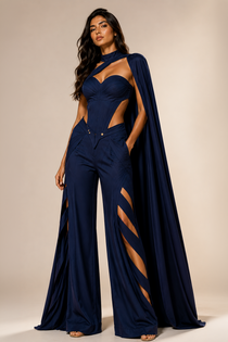 Navy Blue Premium Lycra Sleeveless Cape Co-Ord Set