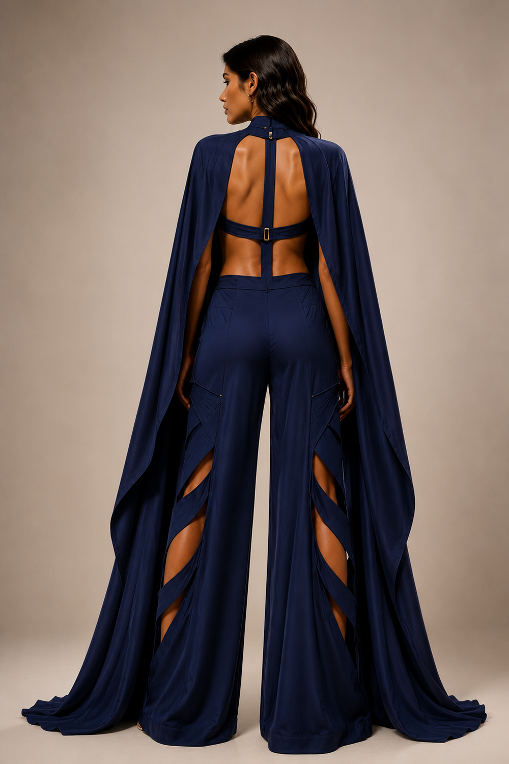 Navy Blue Premium Lycra Sleeveless Cape Co-Ord Set Secondary image