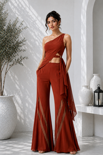 Wine One-Shoulder Asymmetric Premium Lycra Co-Ord Set