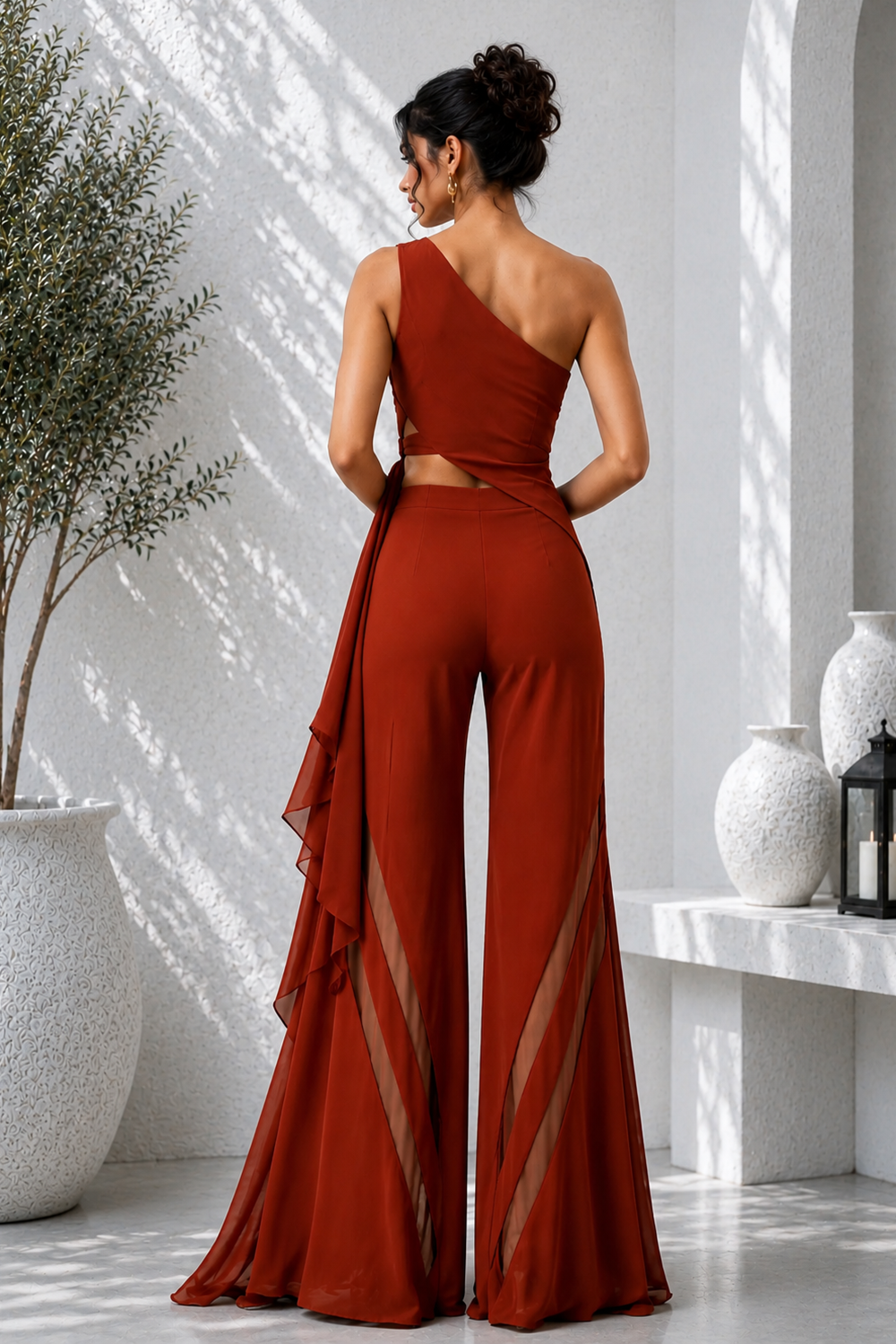 Wine One-Shoulder Asymmetric Premium Lycra Co-Ord Set Secondary image