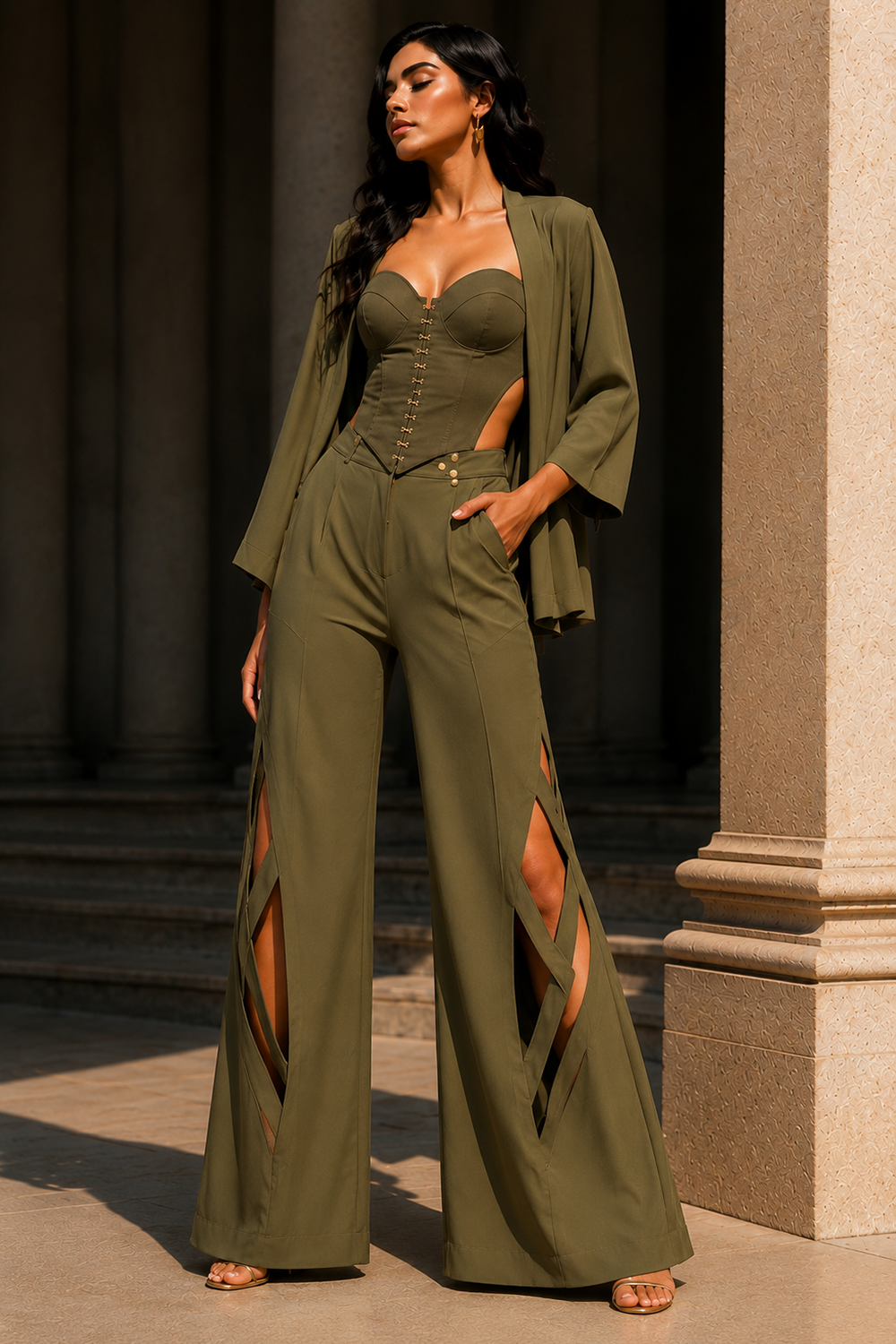 Olive Premium Lycra Corset Co-Ord Set with Open Front Shrug