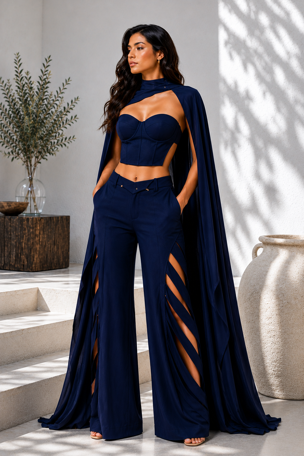 Midnight Blue Premium Lycra Cape Co-Ord Set with Corset Top & Cutout Wide-Leg Pants Main image