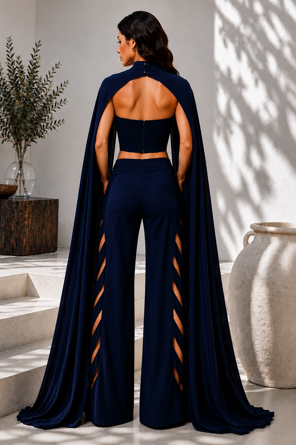 Midnight Blue Premium Lycra Cape Co-Ord Set with Corset Top & Cutout Wide-Leg Pants Secondary image