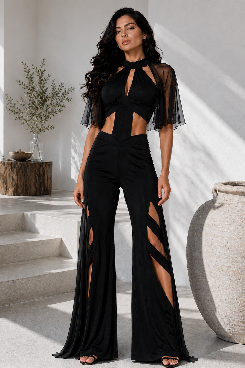 Black Premium Lycra Designer Co-Ord Set with Sheer Cape Sleeves Main image