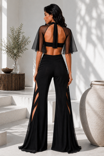 Black Premium Lycra Designer Co-Ord Set with Sheer Cape Sleeves