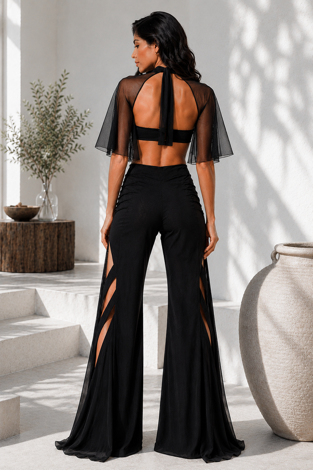 Black Premium Lycra Designer Co-Ord Set with Sheer Cape Sleeves