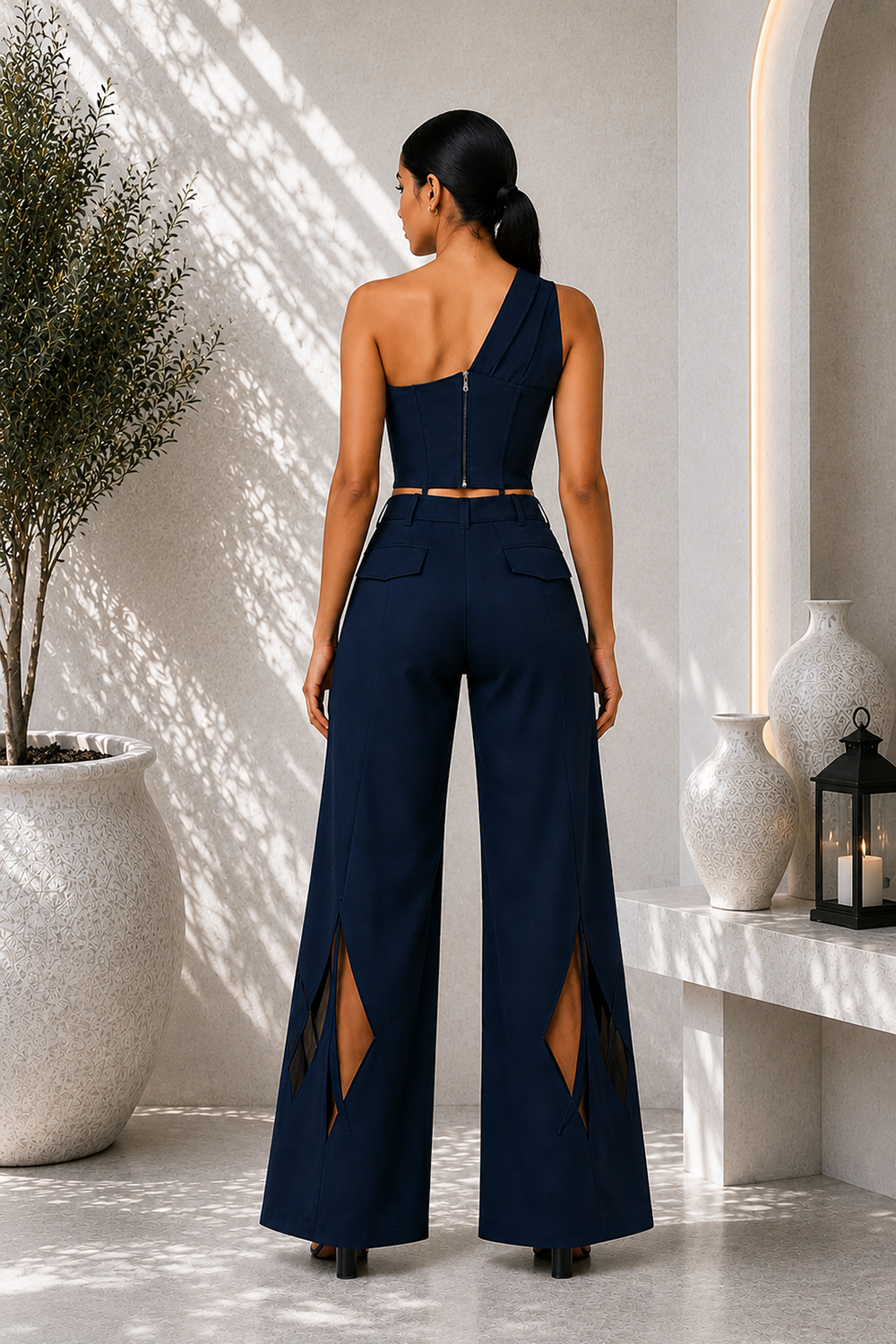 Midnight Blue Premium Lycra One-Shoulder Corset Co-Ord Set