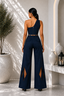 Midnight Blue Premium Lycra One-Shoulder Corset Co-Ord Set