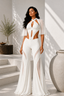 Ivory Premium Lycra  Co-Ord Set with Sheer Sleeves, Cutout Top & Flared Pants