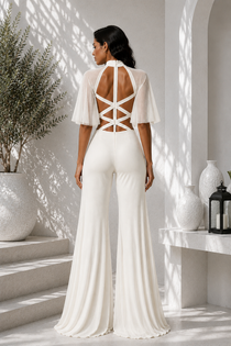 Ivory Premium Lycra  Co-Ord Set with Sheer Sleeves, Cutout Top & Flared Pants