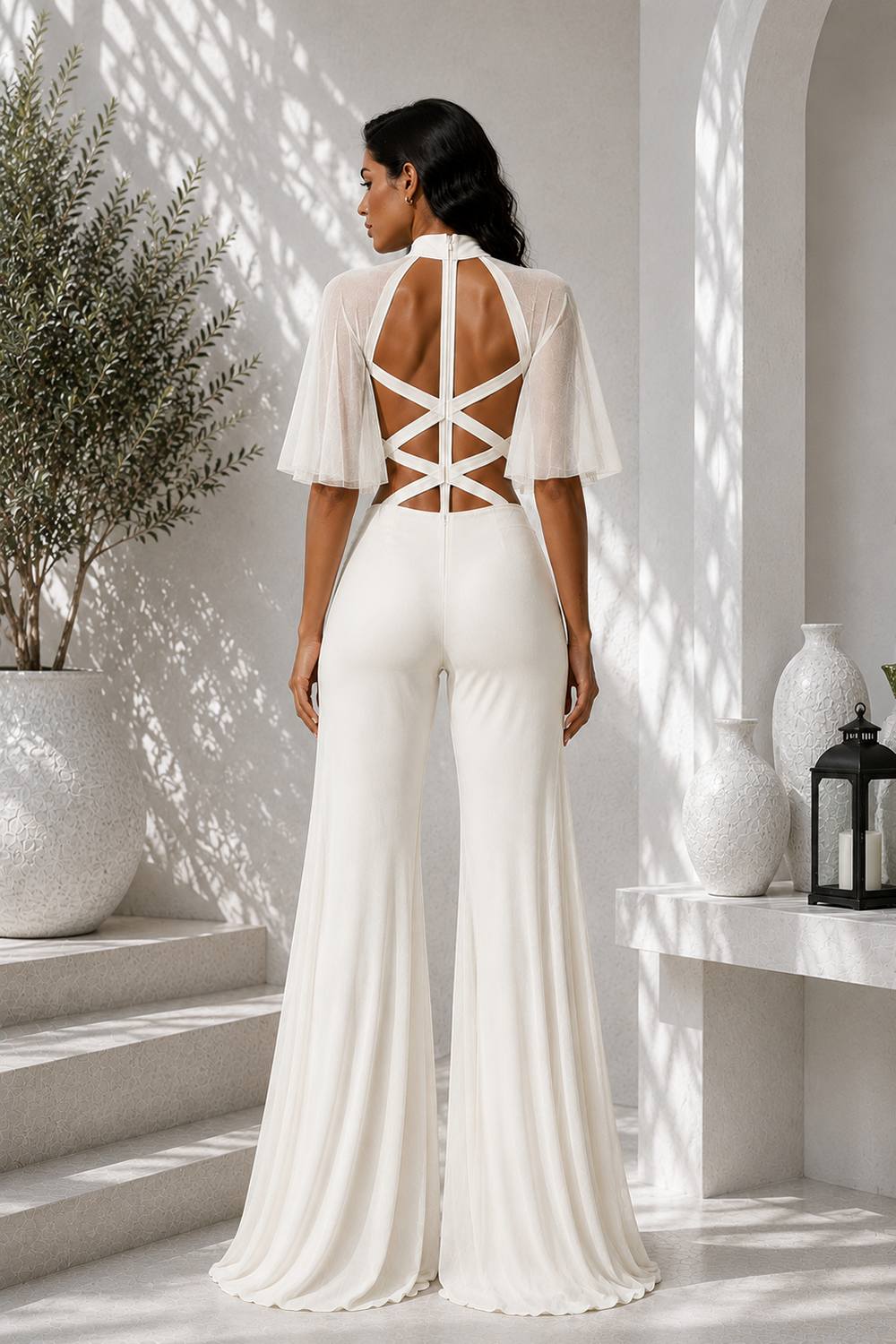 Ivory Premium Lycra  Co-Ord Set with Sheer Sleeves, Cutout Top & Flared Pants