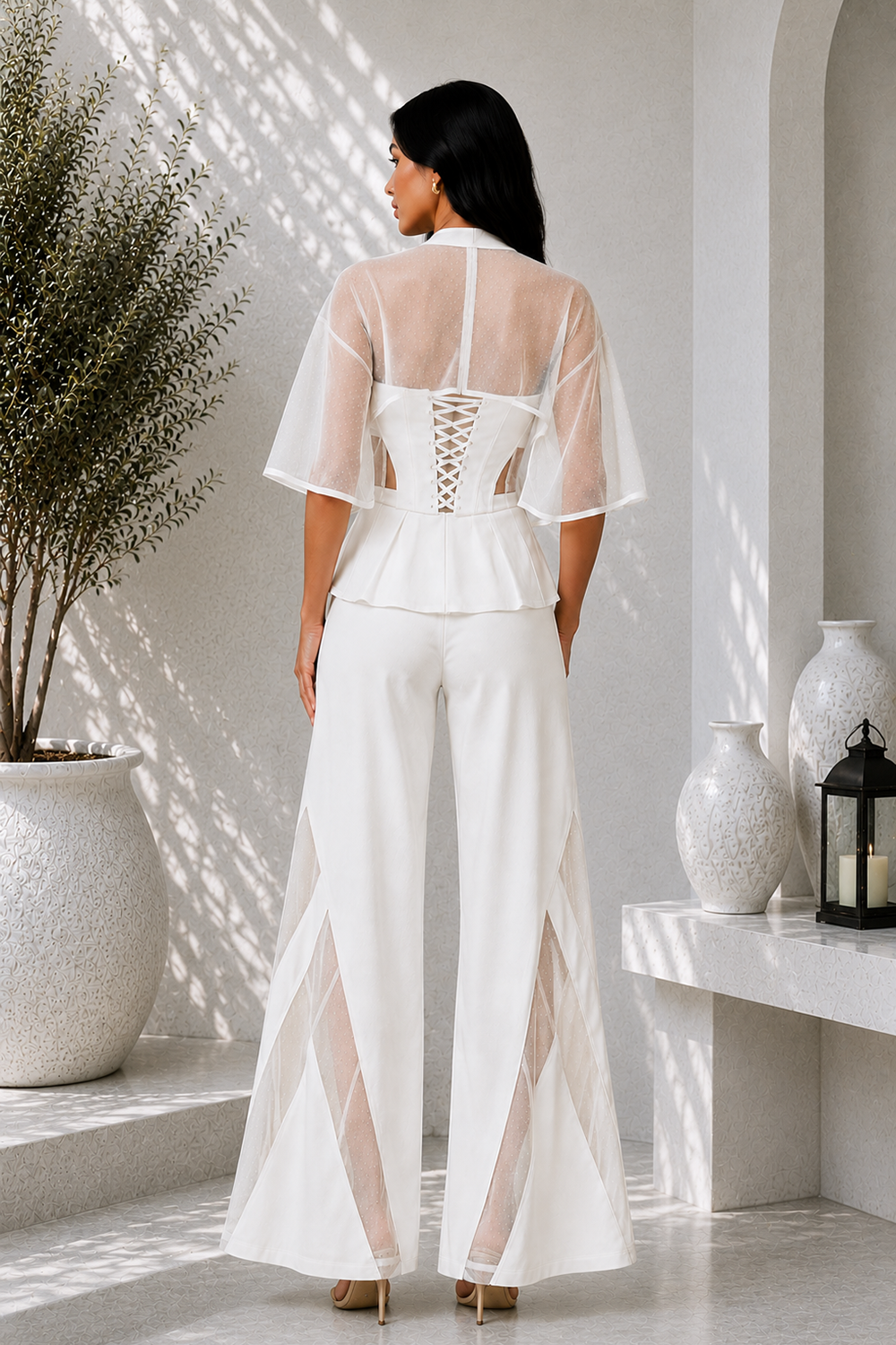 Ivory Premium Lycra Corset Co-Ord Set with Sheer Cape Sleeves Secondary image