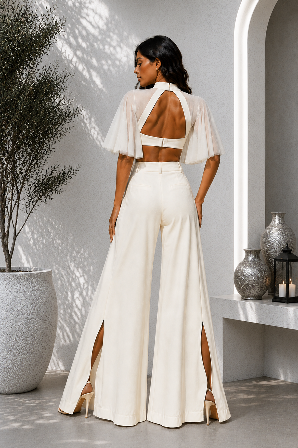 Ivory Premium Lycra Cut-Out Corset Co-Ord Set with Sheer Cape Sleeves Secondary image