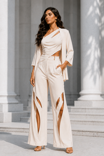 Ivory Premium Lycra One-Shoulder Co-Ord Set with Cape Sleeves